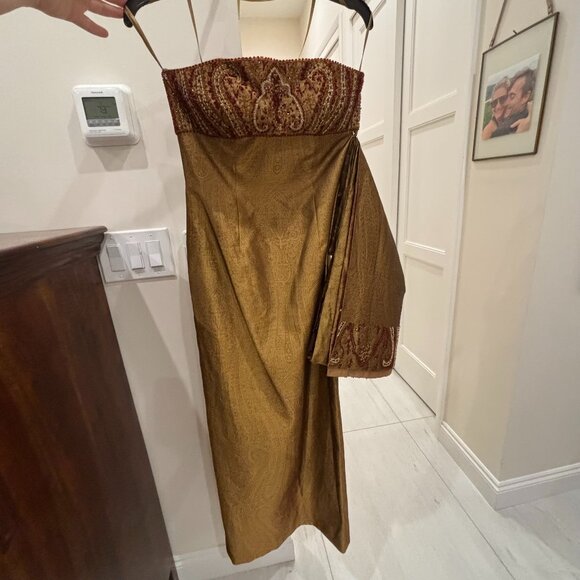Lillie‎ Rubin Bronze Beaded Brocade Jacquard Silk Gown, Sz M - Picture 3 of 10